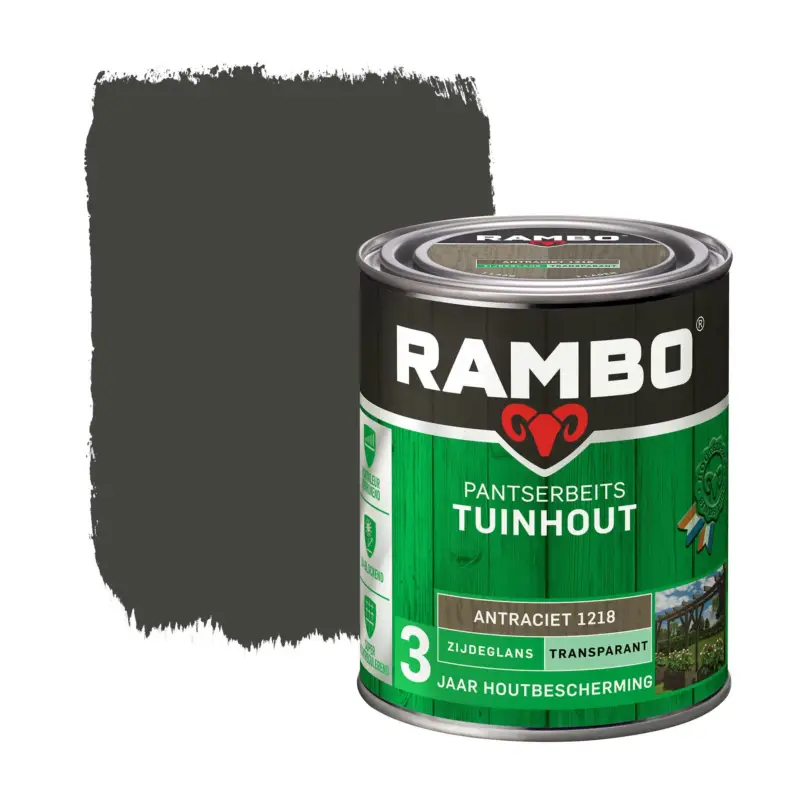 Gereduceerde Prijs Rambo Pantserbeits Tuinhout Zijdeglans Transparant Antraciet 1218-750 ML