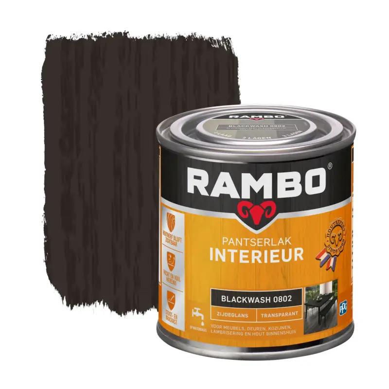 Rechtstreeks Van De Fabrikant Rambo Pantserlak Interieur Transparant Zijdeglans Blackwash 0802-250 ML