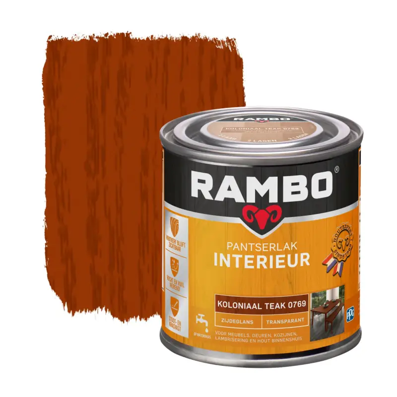 Rambo Pantserlak Interieur Transparant Zijdeglans Koloniaalteak 0769-250 ML Premium