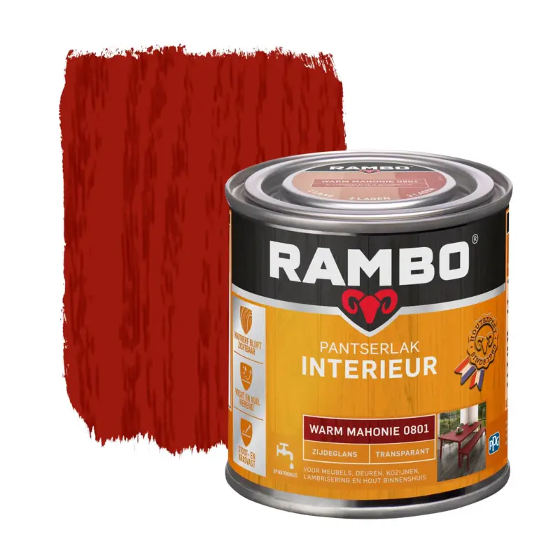 Rechtstreeks Van De Fabrikant Rambo Pantserlak Interieur Transparant Zijdeglans Warm Mahonie 0801-250 ML