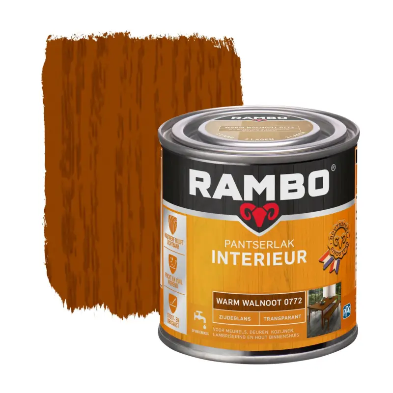 Rambo Pantserlak Interieur Transparant Zijdeglans Warmwalnoot 0772-250 ML Beste Prijs
