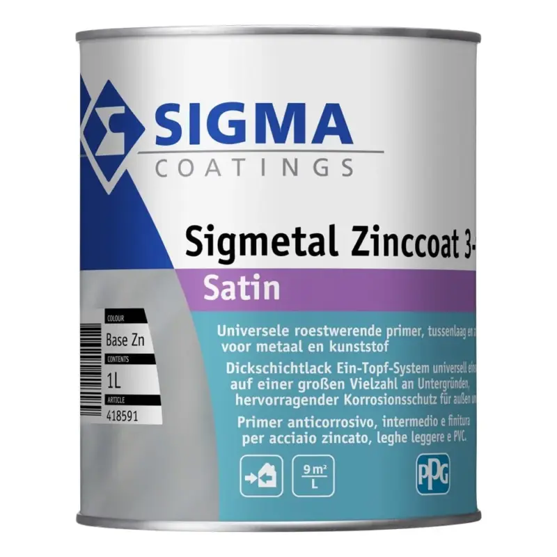 Flitsaanbieding Sigma Sigmetal Zinccoat 3-in-1 Satin | Zijdeglans Grondverf en Lakverf Buiten-1 LTR - Wit