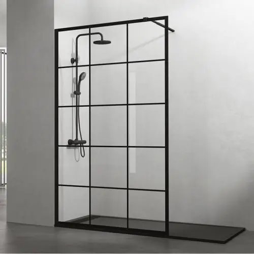 Vaste douchewand Vintage 110x195cm Transparantglas mat zwart raster Seizoensaanbieding
