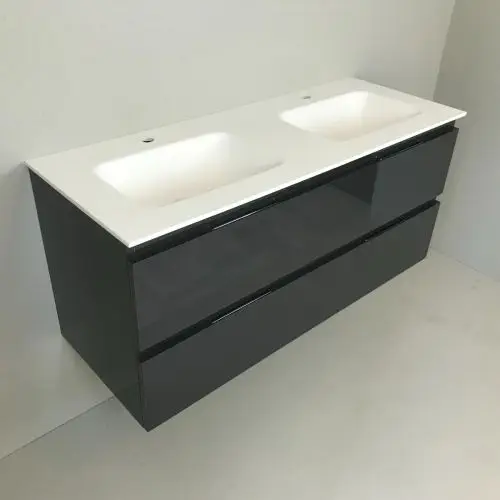 Dubbel badmeubel Kubic 120cm antraciet hoogglans met Solid Surface wastafel Direct Beschikbaar