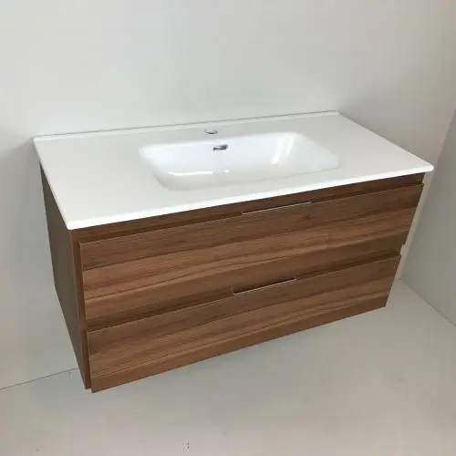 Badmeubel Nogal 100cm, noten 'look' met keramische wastafel Op = Op