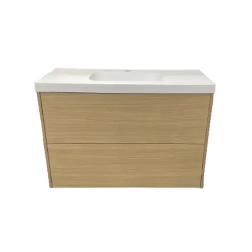 Badmeubel Box 100cm licht eiken met composiet wastafel 5cm mat wit Superprijs