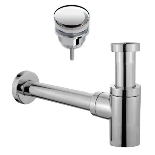 Beperkte Voorraad Design sifon Evolution 1¼" chroom met muurbuis inclusief luxe click waste afvoerplug Clic-Clac 1¼" chroom