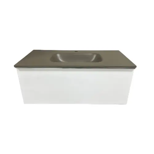 Aanbieding Badmeubel Parma 100cm Wit Hoogglans met Composiet wastafel Beigegrijs RAL7006