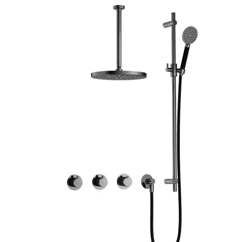 Aanbieding IBS CB7067 BK met 2 stopkranen met Ronde handdouche, Plafondbuis 30 cm en Glijstang IBS70BK137