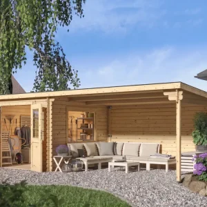 Tuinhuis blokhut CA2978 28 mm onbehandeld met 4 m aanbouw Snelle Levering