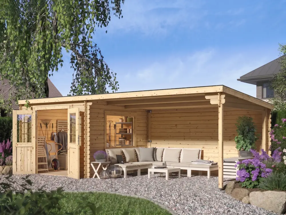 Tuinhuis blokhut CA2978 28 mm onbehandeld met 4 m aanbouw Snelle Levering