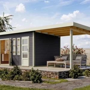 Premium Tuinhuis Zweiraumhaus "Appelhorn" 28 mm terragrijs incl. 2,6 m aanbouwdak