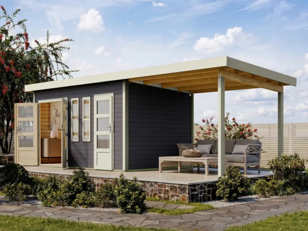 Premium Tuinhuis Zweiraumhaus "Appelhorn" 28 mm terragrijs incl. 2,6 m aanbouwdak