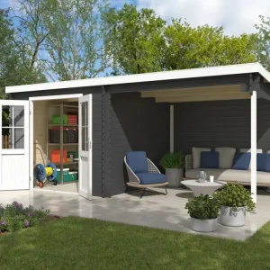 Meest Verkocht Blokhut Orlando Exclusief 28 mm carbongrijs met 3 m aanbouw