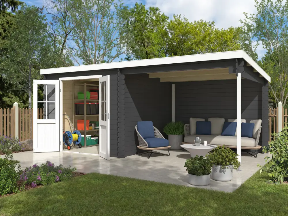 Meest Verkocht Blokhut Orlando Exclusief 28 mm carbongrijs met 3 m aanbouw