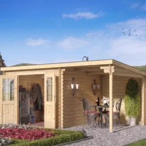 Tuinhuis blokhut CA2976 28 mm onbehandeld met 2 m aanbouw Veilige Betaling