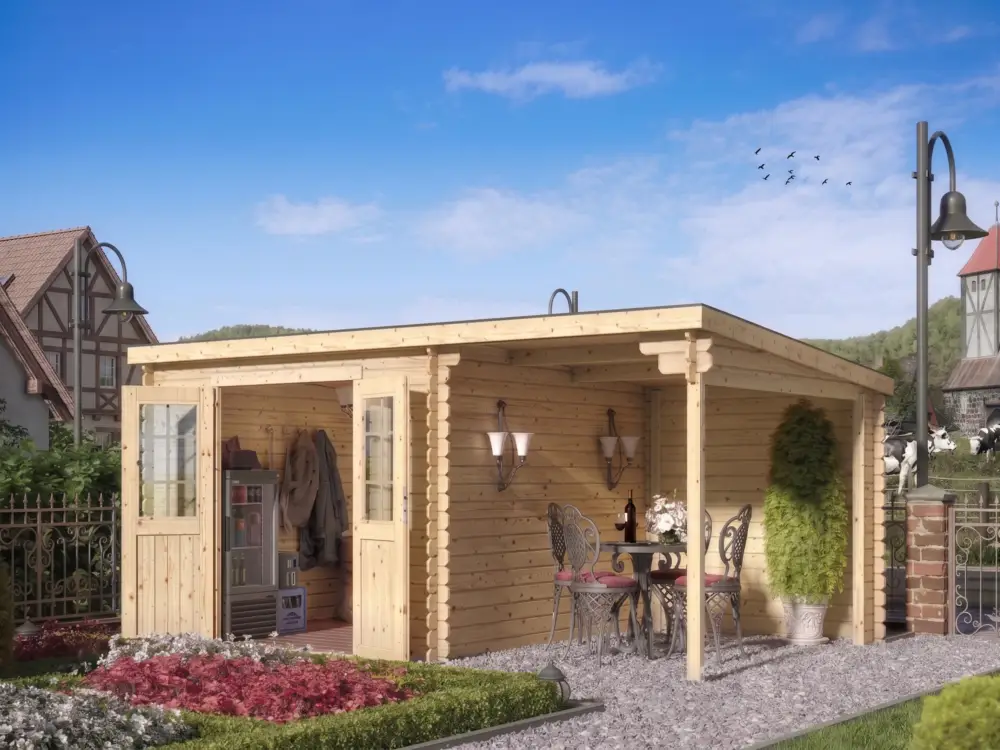 Tuinhuis blokhut CA2976 28 mm onbehandeld met 2 m aanbouw Veilige Betaling