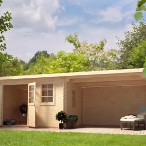 Tuinhuis blokhut CA2988 28 mm onbehandeld met 4 m aanbouw Bestel Nu
