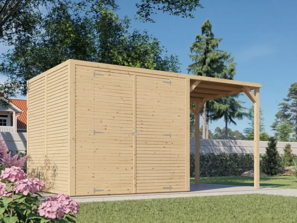 Tuinberging Bikebox Fiete 3 met aanbouwdak, rhombusprofiel 18 mm, naturel Hoge Kwaliteit