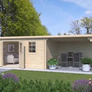 Direct Verzonden Tuinhuis blokhut CA2987 28 mm onbehandeld met 3 m aanbouw