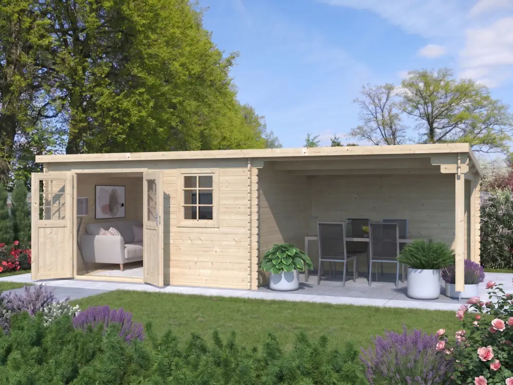 Direct Verzonden Tuinhuis blokhut CA2987 28 mm onbehandeld met 3 m aanbouw