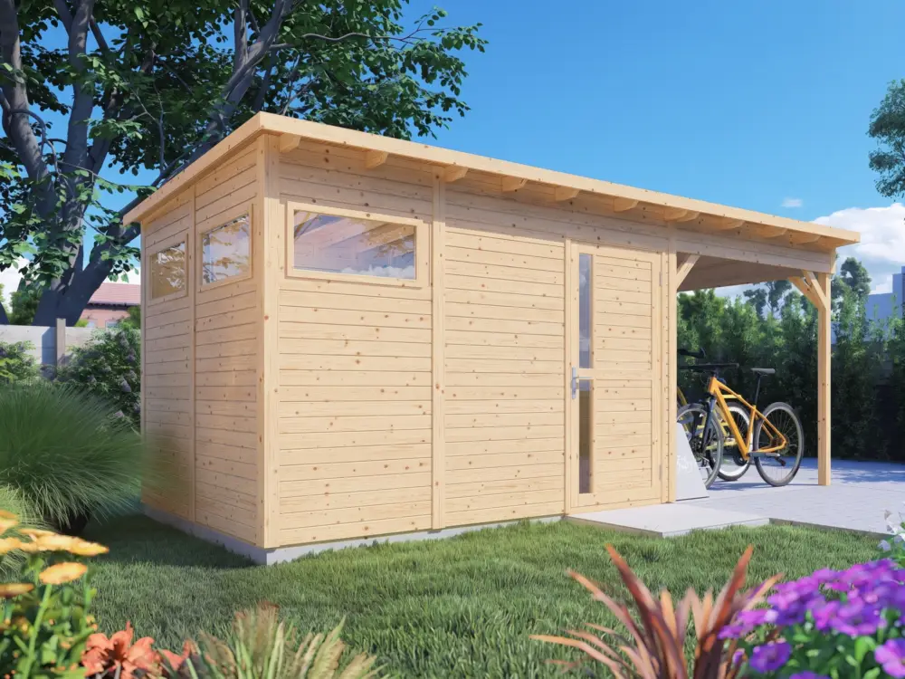 Snelle Levering Tuinhuis "Punta 3" met aanbouw 19 mm naturel