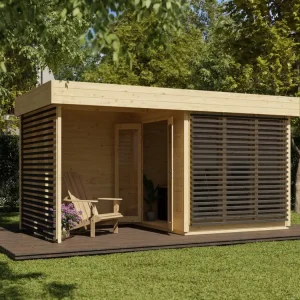 Tuinhuis Homeoffice Ivar 28 mm naturel met 264 cm aanbouw Voordeelprijs