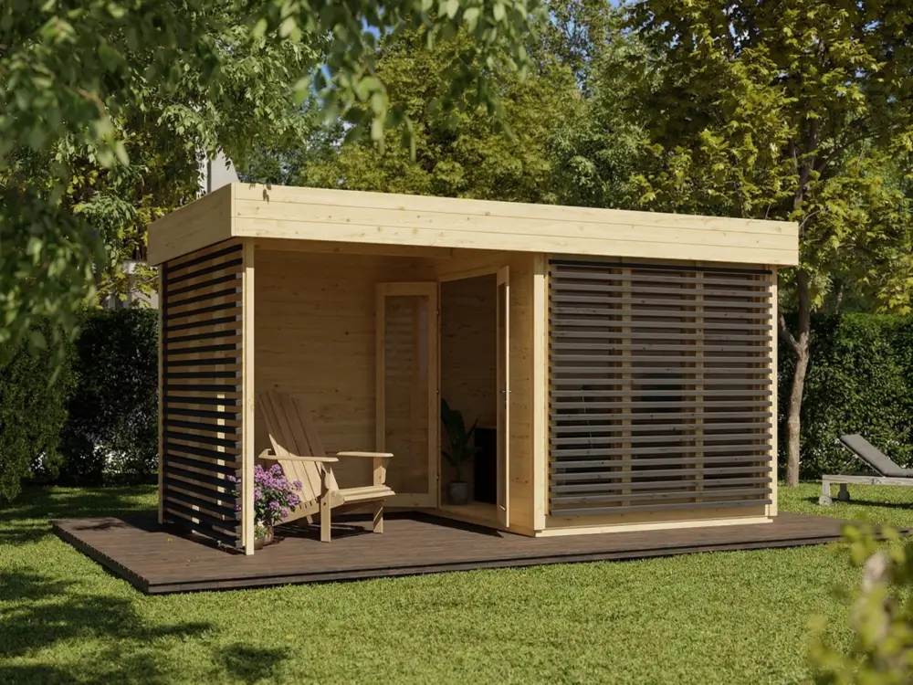 Tuinhuis Homeoffice Ivar 28 mm naturel met 264 cm aanbouw Voordeelprijs