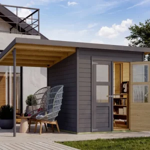 Tijdelijk Beschikbaar Tuinberging "Merseburg 5" terragrijs 14 mm incl. 140 cm aanbouw