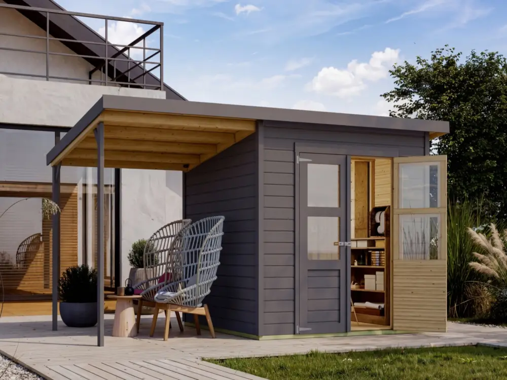 Tijdelijk Beschikbaar Tuinberging "Merseburg 5" terragrijs 14 mm incl. 140 cm aanbouw