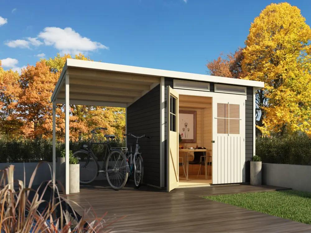 Tuinhuis Glücksberg 4 19 mm terragrijs incl. 1,9 m aanbouwdak Superprijs