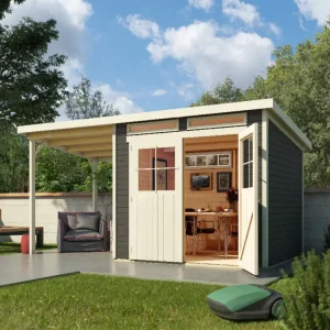 Tuinhuis Glücksberg 5 19 mm terragrijs incl. 1,9 m aanbouwdak Weekendaanbieding