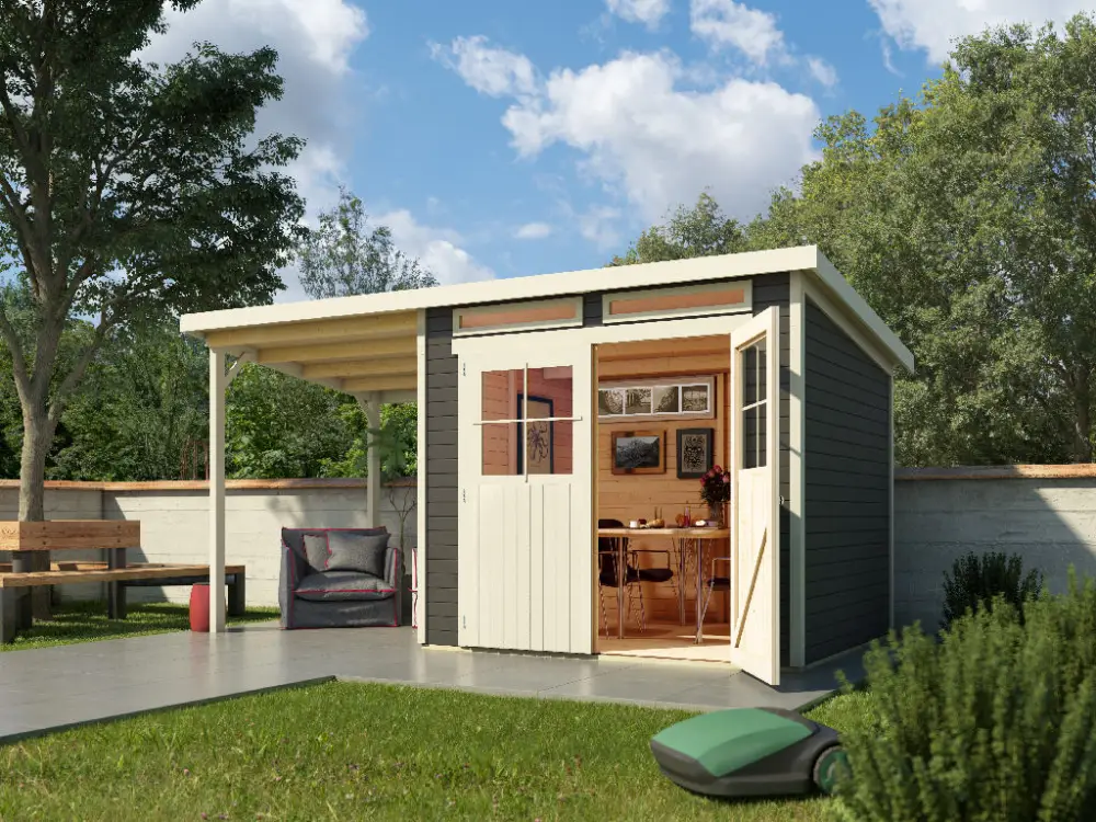 Tuinhuis Glücksberg 5 19 mm terragrijs incl. 1,9 m aanbouwdak Weekendaanbieding