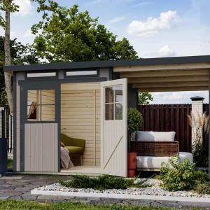 Gratis Retour Tuinhuis "Glücksberg 4" 19 mm wassergrau met 190 cm aanbouwdak
