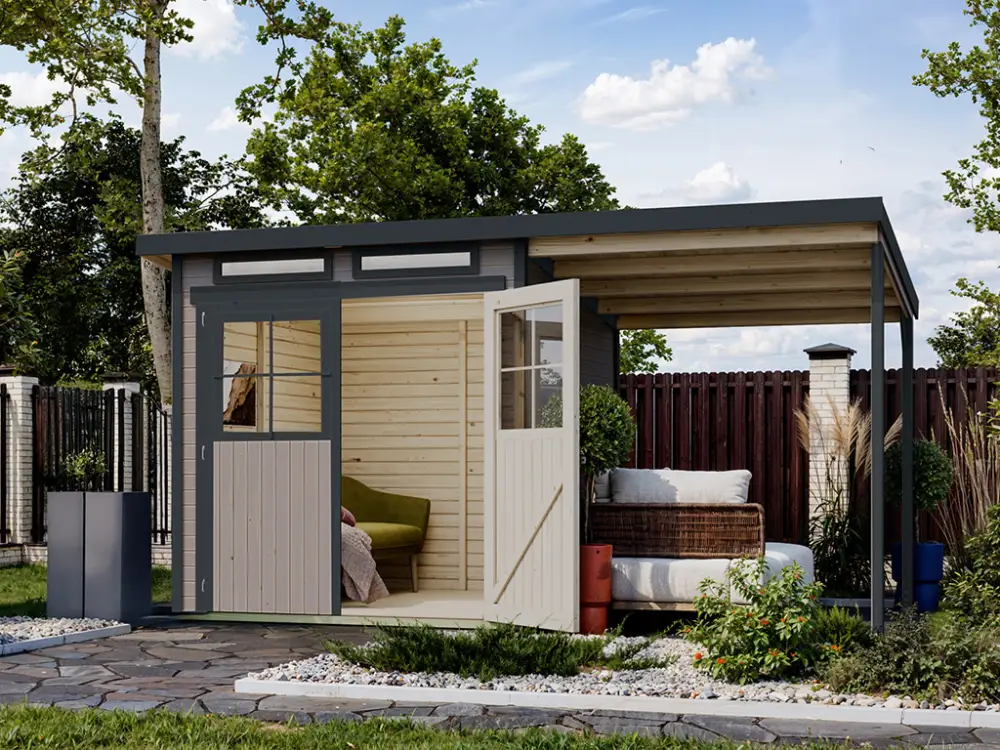 Gratis Retour Tuinhuis "Glücksberg 4" 19 mm wassergrau met 190 cm aanbouwdak