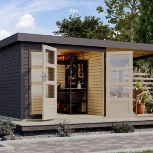 Tuinhuis Baraya 3,5 19 mm terragrijs incl. 2,4 m aanbouwdak Korting