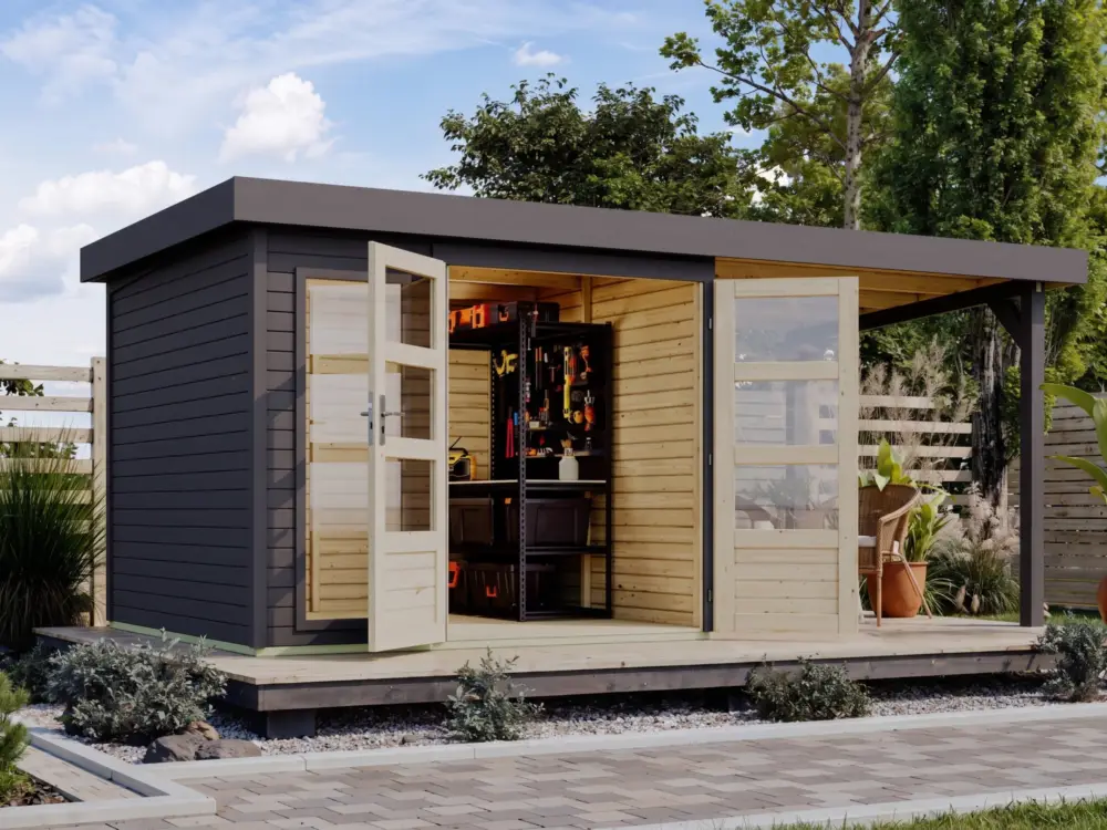 Tuinhuis Baraya 3,5 19 mm terragrijs incl. 2,4 m aanbouwdak Korting