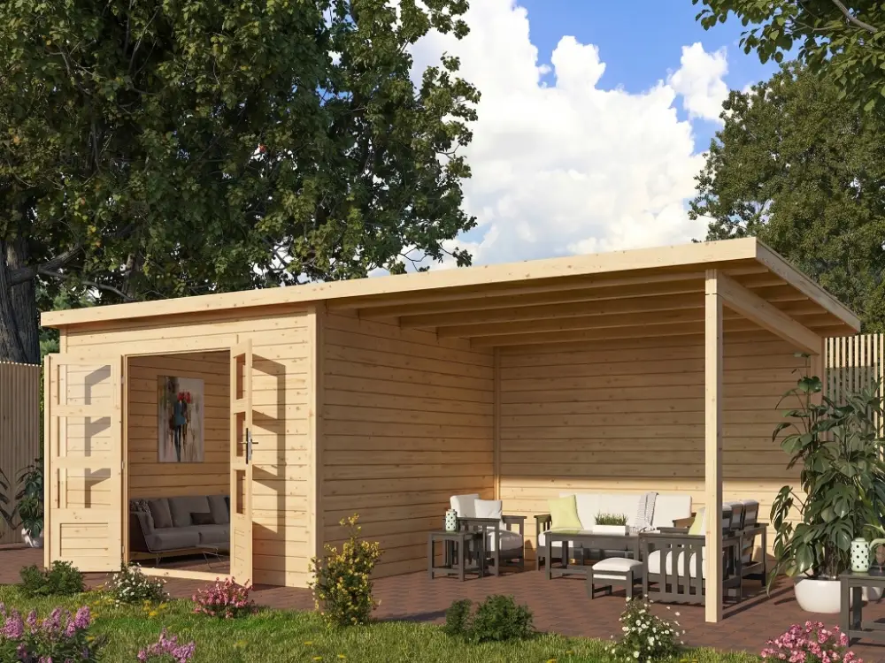 Tuinhuis Wacken 8 28 mm terragrijs incl. 4 m aanbouw + achterwand Betrouwbaar