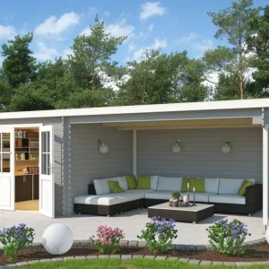 Express Levering Blokhut St. Louis Exclusief 28 mm lichtgrijs met 4 m aanbouw