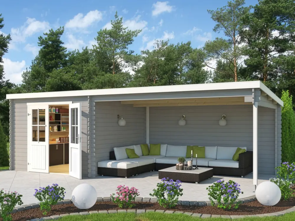 Express Levering Blokhut St. Louis Exclusief 28 mm lichtgrijs met 4 m aanbouw