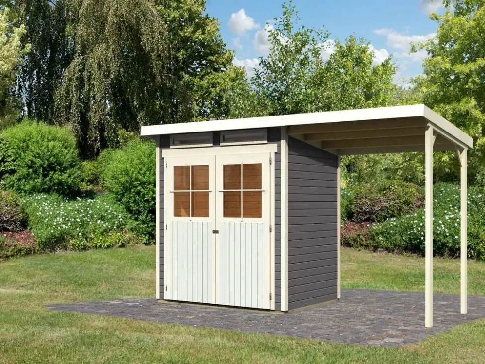 Tuinhuis SET Glücksburg 2 ECO 19 mm terragrijs, incl. 1,9 m aanbouwdak Finale Uitverkoop