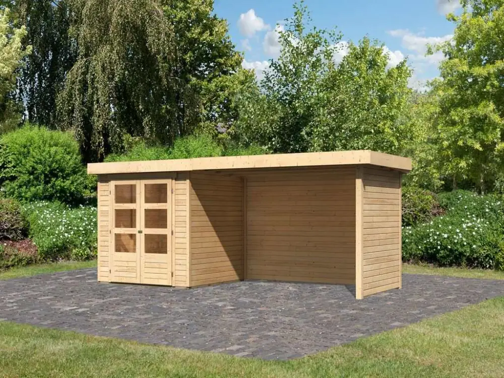 Tuinhuisje SET Askola 2 19 mm natuurlijke afwerking, incl. 2,8 m opbouwdak + zij- en achterwand Merkproduct