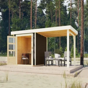 Finale Uitverkoop Tuinhuis Askola 2 19 mm terragrijs incl. 2,8 m aanbouwdak
