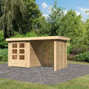 Tijdelijk Beschikbaar Tuinhuisje SET Askola 2 19 mm natuurlijke afwerking, incl. 2,4 m aanbouwdak + lamellenwanden