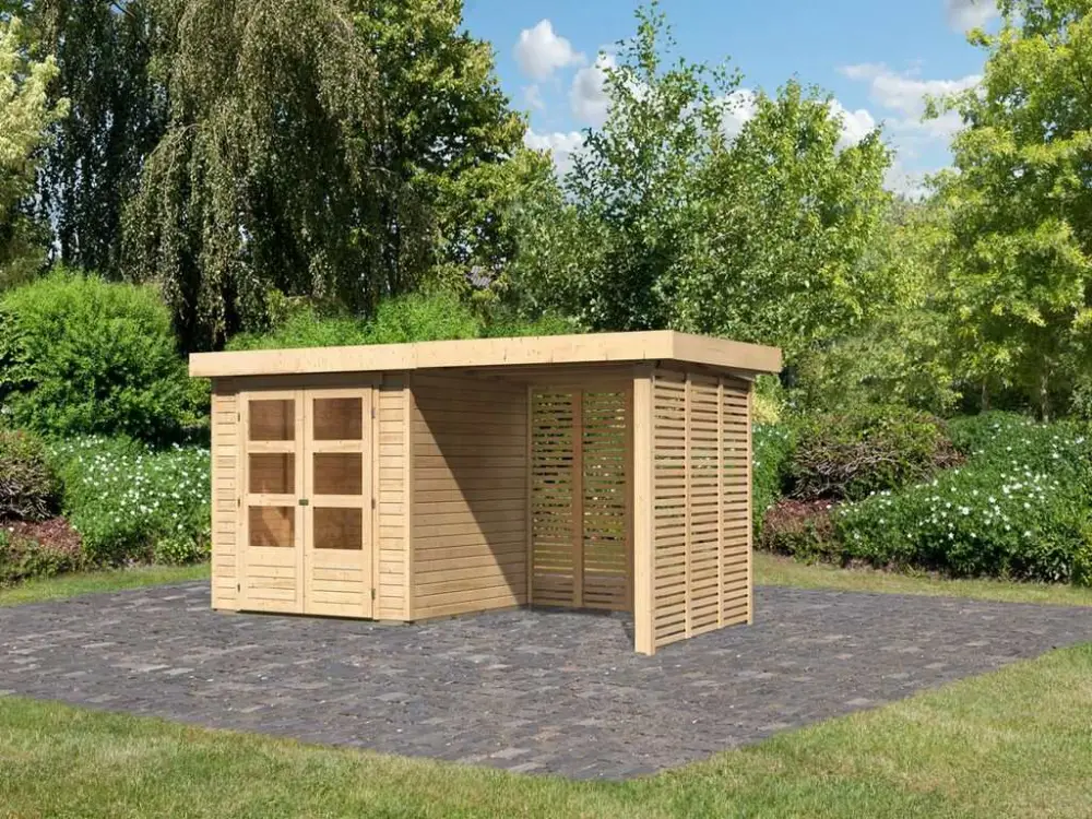 Tijdelijk Beschikbaar Tuinhuisje SET Askola 2 19 mm natuurlijke afwerking, incl. 2,4 m aanbouwdak + lamellenwanden