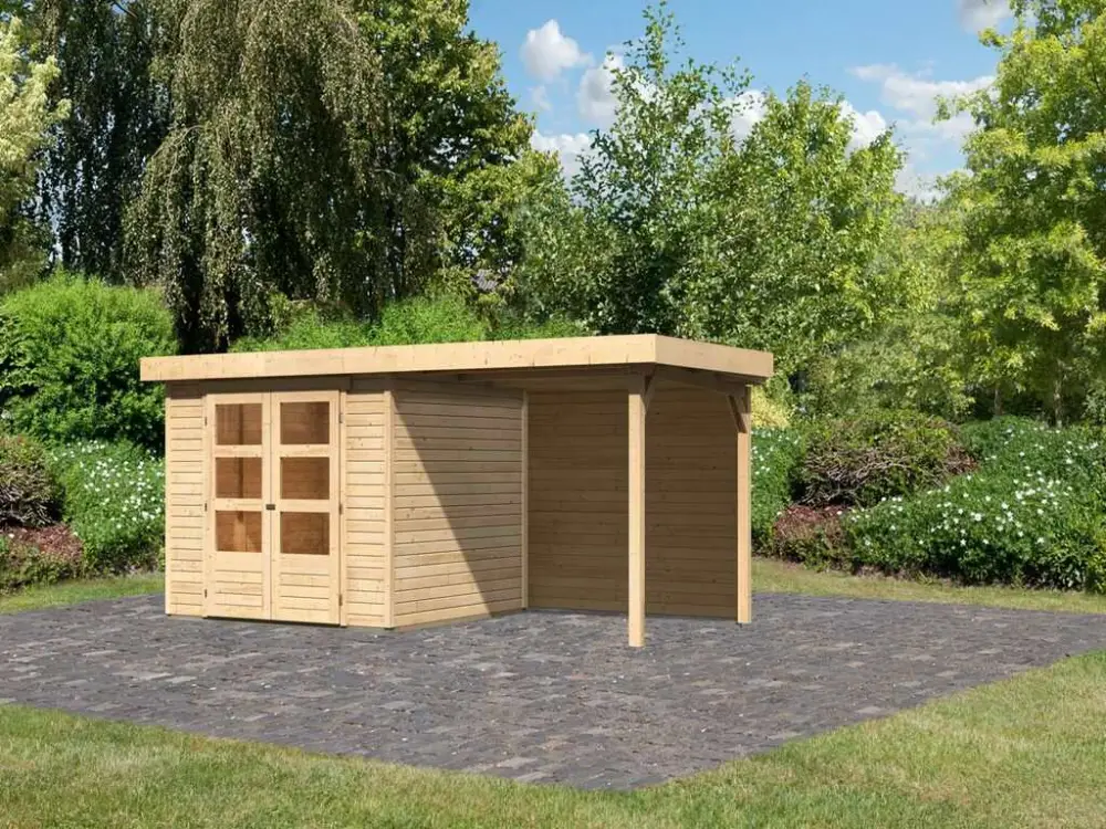 Tuinhuisje SET Askola 3,5 19 mm natuurlijke afwerking, incl. 2,4 m aangebouwd dak + achterwand Meest Verkocht