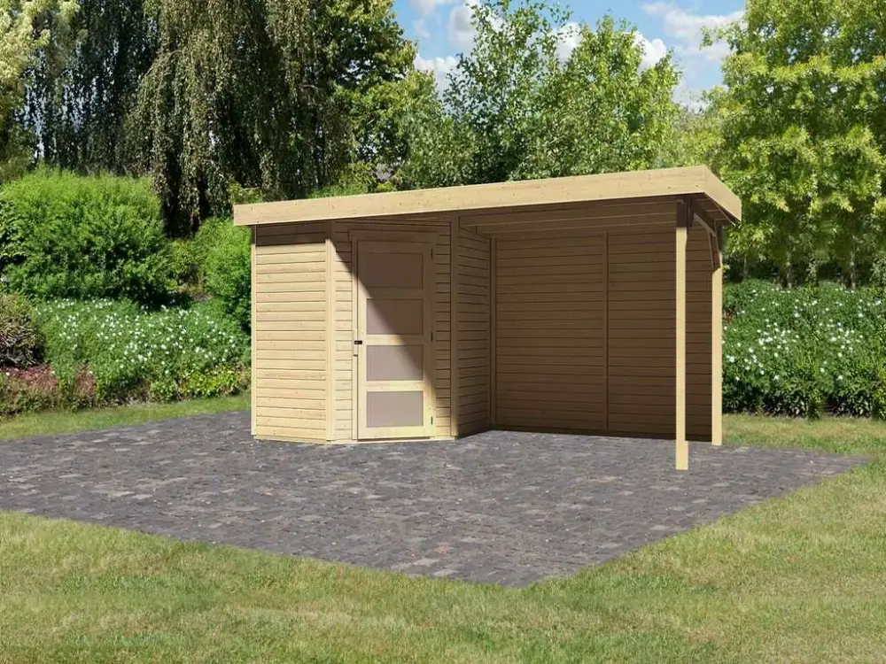 Bestel Nu Tuinhuisje SET Schwandorf 3 19 mm natuurlijke afwerking, incl. 2,8 m aanbouwdak + achterwand