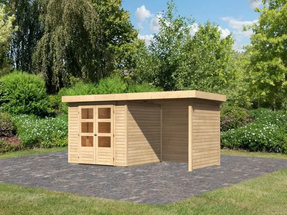 Weekendaanbieding Tuinhuisje SET Askola 3,5 19 mm natuurlijke afwerking, incl. 2,4 m aanbouwdak + zij- en achterwand