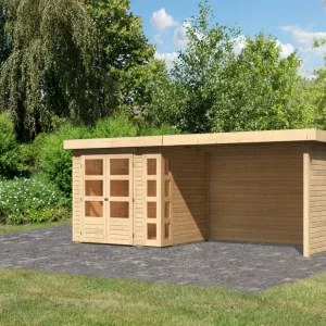 Gereduceerde Prijs Tuinhuisje SET Kerko 3 19 mm naturel, incl. 2,8 m lessenaarsdak + zij- en achterwand