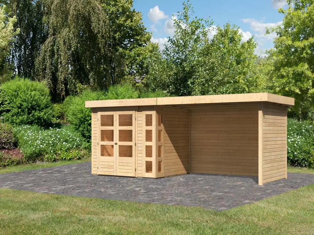 Gereduceerde Prijs Tuinhuisje SET Kerko 3 19 mm naturel, incl. 2,8 m lessenaarsdak + zij- en achterwand